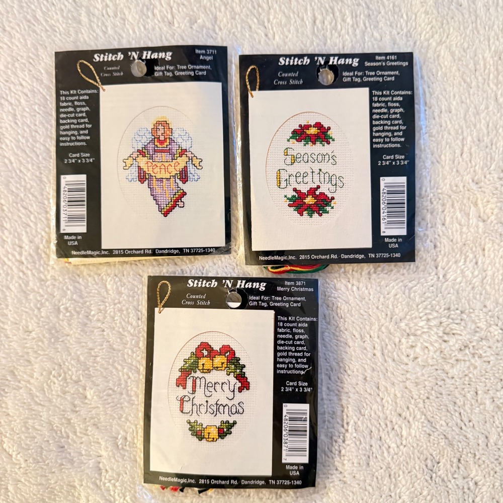 NeedleMagic Stitch N Hang Cross Stitch Kit Lot 3 Christmas Angel Merry Season
